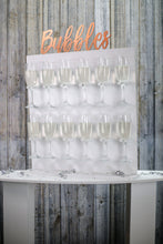 Load image into Gallery viewer, Bubbles Wall, Champagne Wall, Prosecco Wall Various Sizes Holds 12-36 Flutes Freestanding. White with Text
