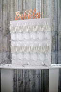 Bubbles Wall, Champagne Wall, Prosecco Wall Various Sizes Holds 12-36 Flutes Freestanding. White with Text