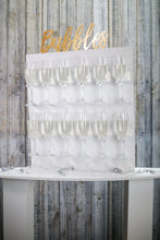 Load image into Gallery viewer, Bubbles Wall, Champagne Wall, Prosecco Wall Various Sizes Holds 12-36 Flutes Freestanding. White with Text