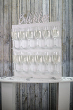 Load image into Gallery viewer, Bubbles Wall, Champagne Wall, Prosecco Wall Various Sizes Holds 12-36 Flutes Freestanding. White with Text