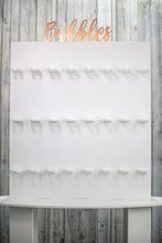 Load image into Gallery viewer, Bubbles Wall, Champagne Wall, Prosecco Wall Various Sizes Holds 12-36 Flutes Freestanding. White with Text