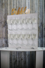 Load image into Gallery viewer, Bubbles Wall, Champagne Wall, Prosecco Wall Various Sizes Holds 12-36 Flutes Freestanding. White with Text