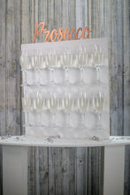 Load image into Gallery viewer, Bubbles Wall, Champagne Wall, Prosecco Wall Various Sizes Holds 12-36 Flutes Freestanding. White with Text