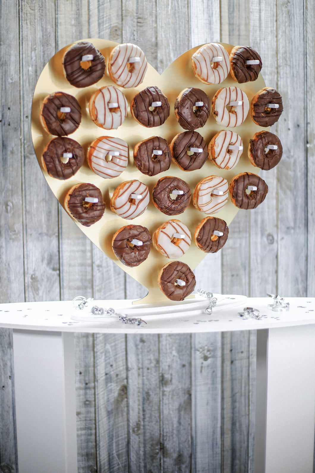 Donut Wall, Heart Design Holds 25 - 50 Donuts 61x61cm Brushed Gold Aluminium Freestanding