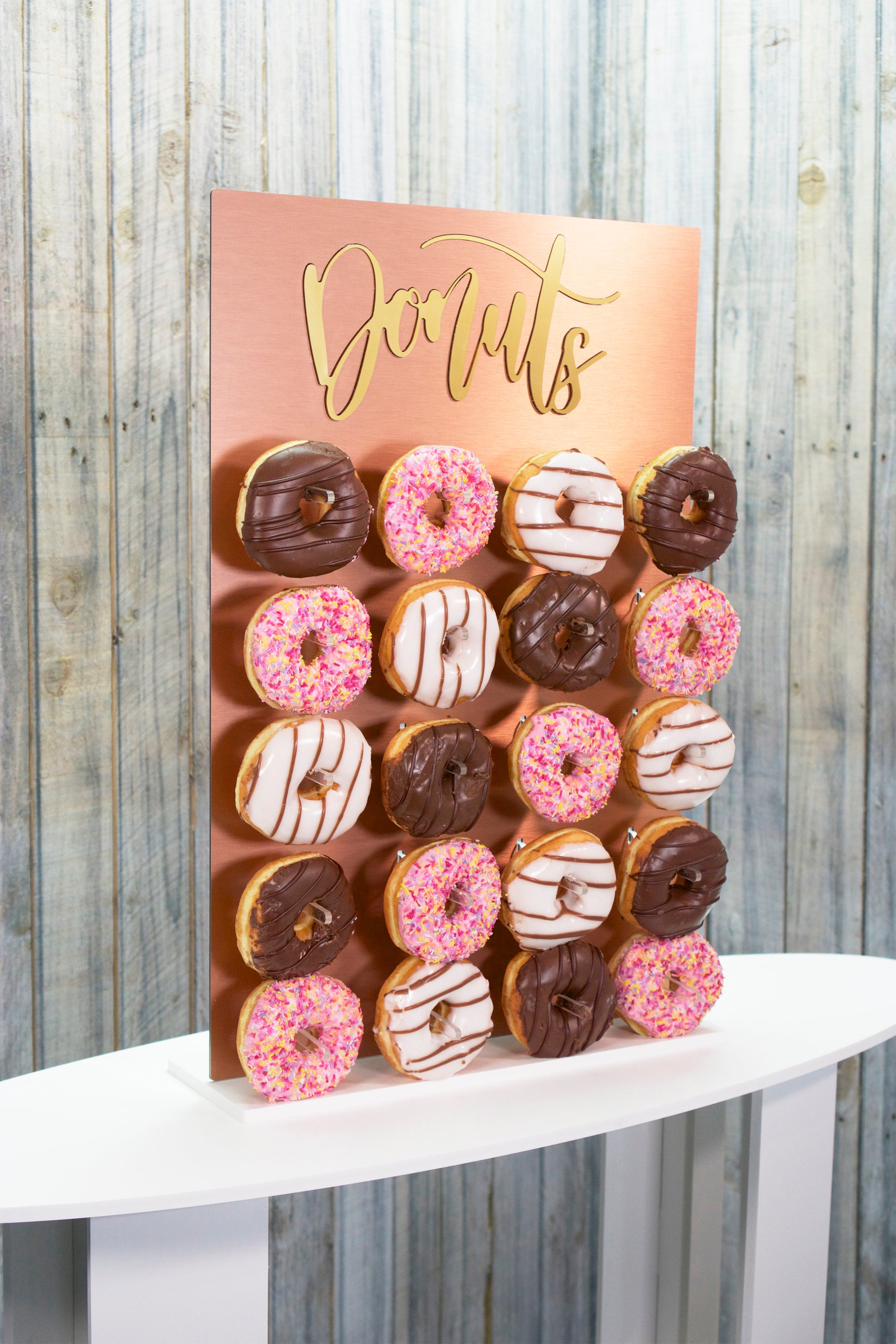 Rose Gold Donut Wall, with Gold Donut Text. Various sizes available