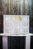 Sweet Wall 73cm x 55cm White Plastic with Gold acrylic Text Engraved Candy Cart with Clear Pockets Freestanding